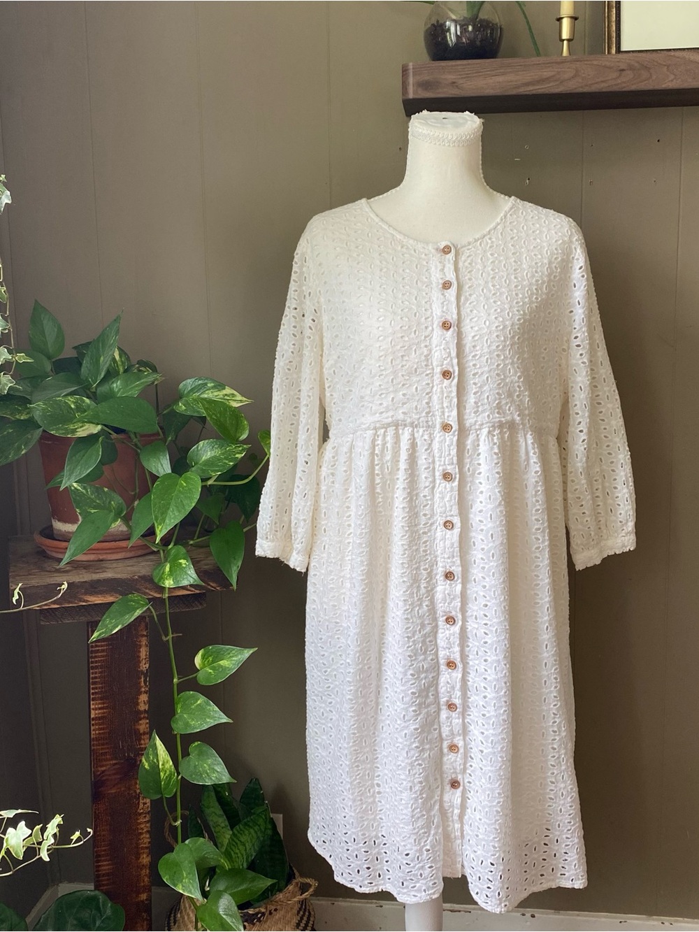 Ces Femme White Eyelet Midi Button-Front Dress